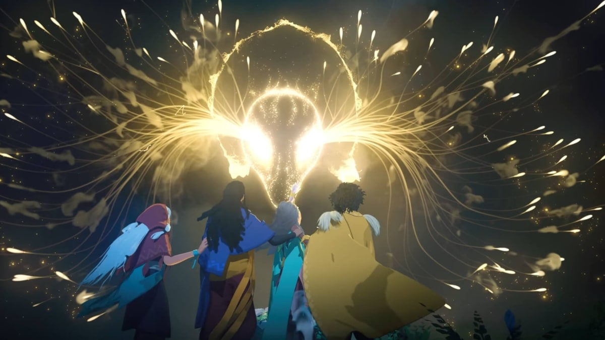 Four characters gathered to look at a golden, wispy animal spirit in Everwild